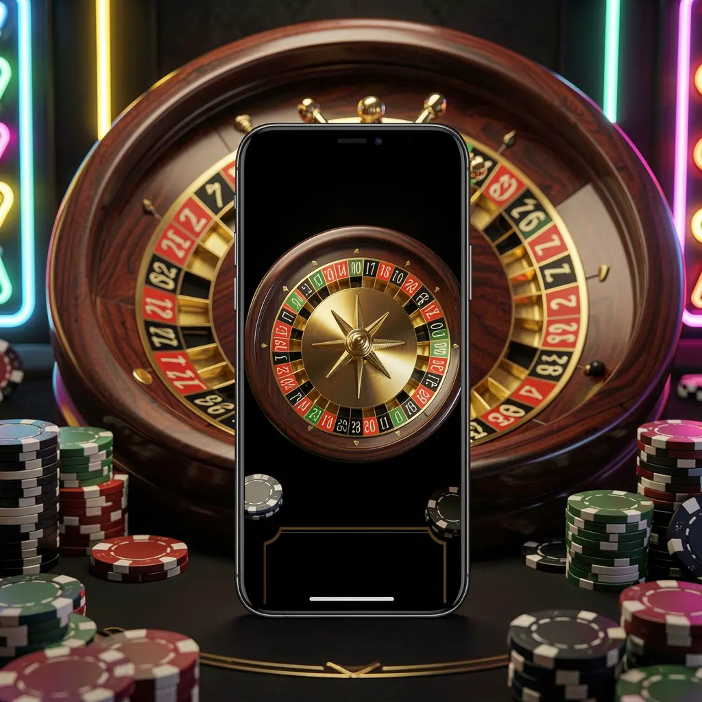 Adegan aplikasi kasino seluler LDN111 menampilkan ponsel di tengah dengan roda roulette dan chip poker di latar belakang, diterangi lampu neon bercahaya dalam gaya hitam dan emas premium Adegan aplikasi kasino seluler LDN111 menampilkan ponsel di tengah dengan roda roulette dan chip poker di latar belakang, diterangi lampu neon bercahaya dalam gaya hitam dan emas premium