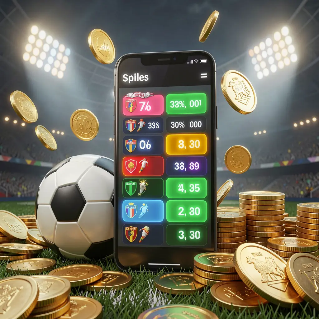 Visual taruhan sepak bola modern LDN111 dengan ponsel pintar yang menampilkan antarmuka peluang olahraga bercahaya, dikelilingi bola sepak, koin emas, dan lampu stadion dalam ilustrasi 3D premium Visual taruhan sepak bola modern LDN111 dengan ponsel pintar yang menampilkan antarmuka peluang olahraga bercahaya, dikelilingi bola sepak, koin emas, dan lampu stadion dalam ilustrasi 3D premium