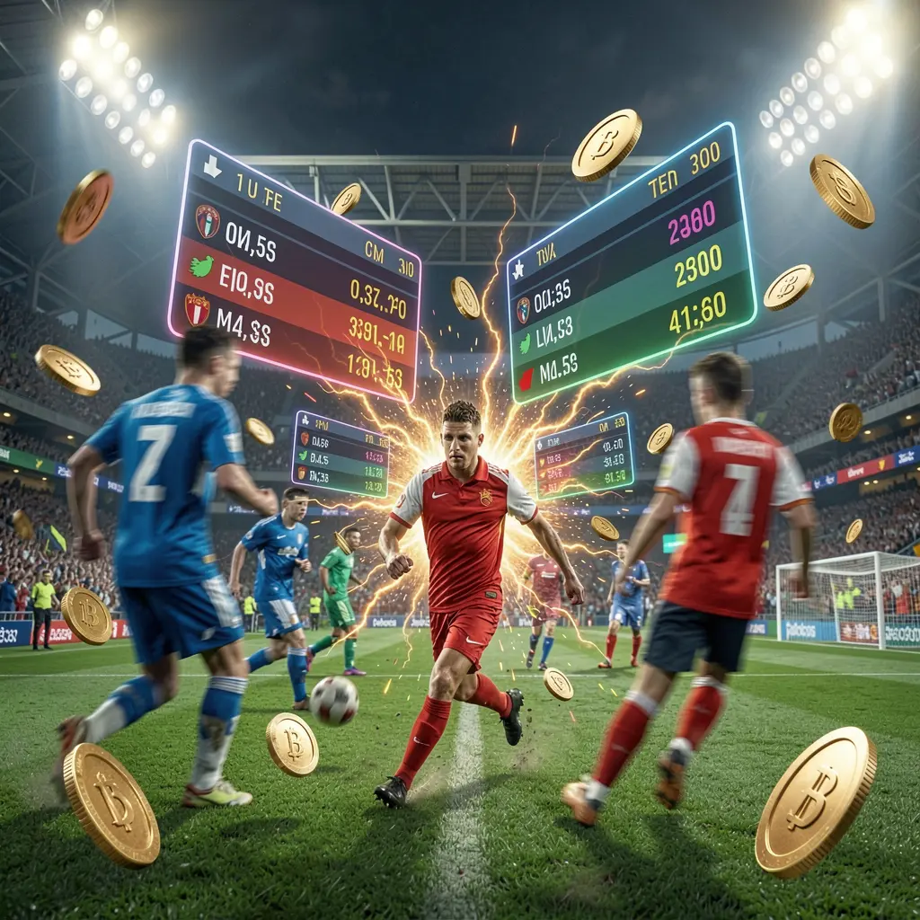 Konsep taruhan sepak bola langsung LDN111 menampilkan stadion sepak bola dengan lampu terang, pemain yang diburamkan sedang beraksi, panel peluang melayang, koin, dan efek energi dinamis dalam render sinematik premium Konsep taruhan sepak bola langsung LDN111 menampilkan stadion sepak bola dengan lampu terang, pemain yang diburamkan sedang beraksi, panel peluang melayang, koin, dan efek energi dinamis dalam render sinematik premium