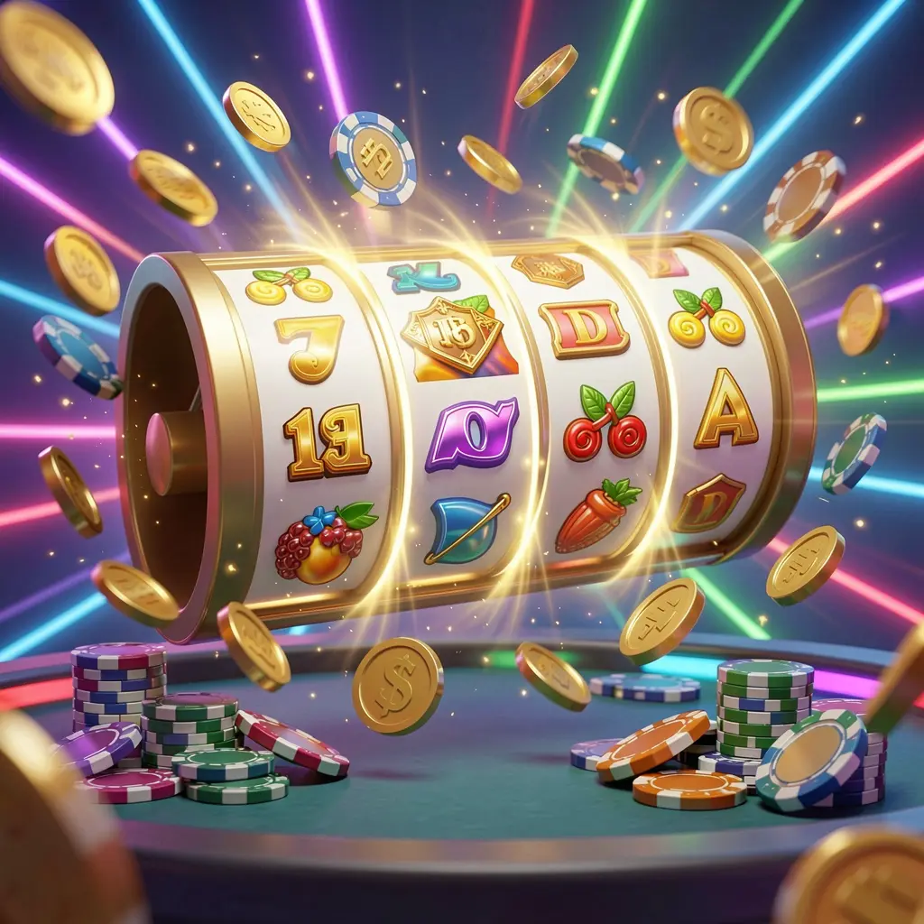 Konsep bonus putaran gratis LDN111 menampilkan gulungan mesin slot berwarna-warni yang berputar dengan efek cahaya emas, koin beterbangan, simbol jackpot, dan chip kasino pada latar belakang neon cerah dalam render 3D dinamis