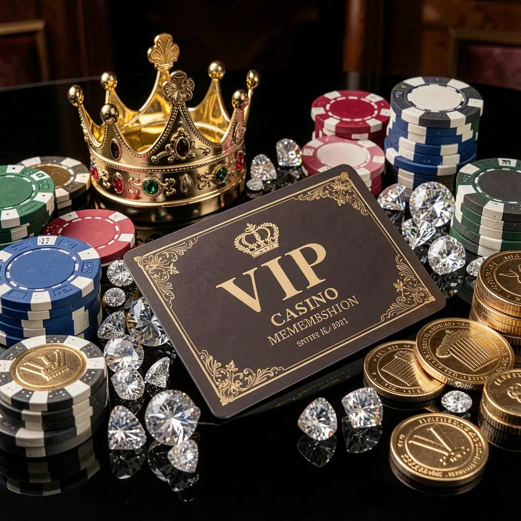 Konsep bonus kasino VIP LDN111 menampilkan mahkota emas, kartu keanggotaan mewah, chip poker, berlian, dan koin yang tersusun di atas meja hitam mengilap dalam gaya premium yang elegan