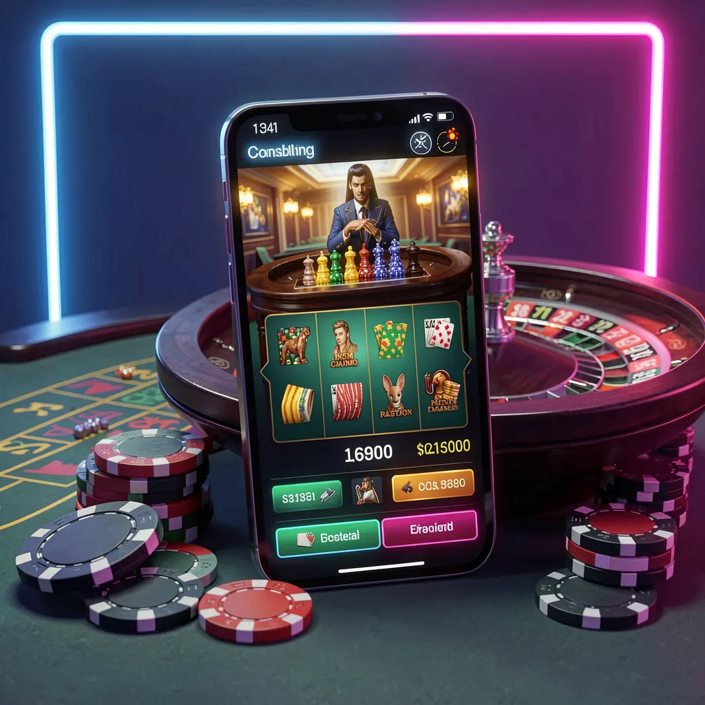 Konsep platform kasino online LDN111 dengan ponsel pintar yang menampilkan antarmuka kasino bercahaya, dikelilingi roda roulette dan chip poker pada latar belakang neon premium dalam render 3D realistis Konsep platform kasino online LDN111 dengan ponsel pintar yang menampilkan antarmuka kasino bercahaya, dikelilingi roda roulette dan chip poker pada latar belakang neon premium dalam render 3D realistis