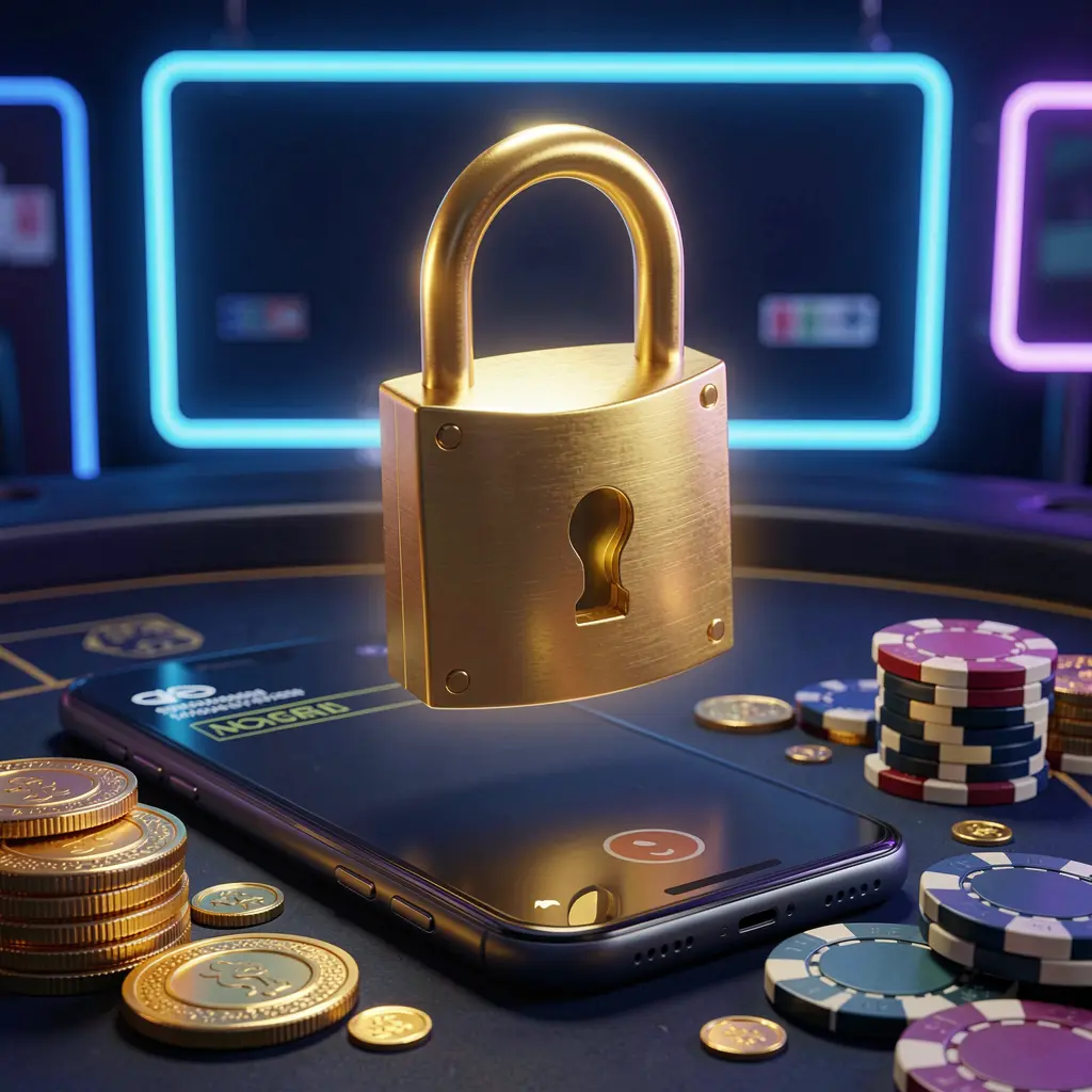 Gambar keamanan masuk kasino LDN111 dengan gembok bercahaya yang melayang di atas ponsel pintar, koin emas dan chip tersebar di sekelilingnya pada latar belakang neon biru gelap dalam render 3D realistis premium Gambar keamanan masuk kasino LDN111 dengan gembok bercahaya yang melayang di atas ponsel pintar, koin emas dan chip tersebar di sekelilingnya pada latar belakang neon biru gelap dalam render 3D realistis premium
