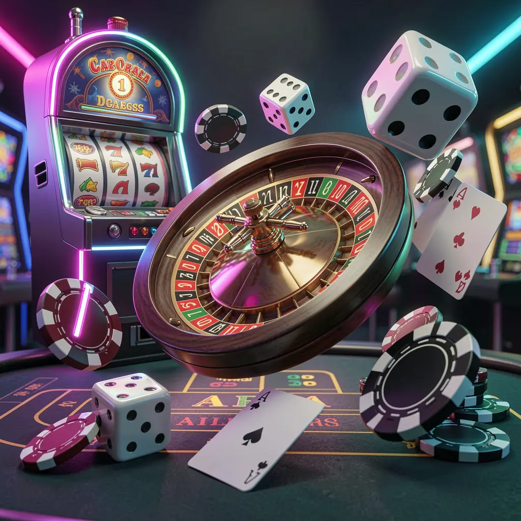 Visual beranda koleksi permainan kasino LDN111 menampilkan mesin slot, roda roulette, dadu, kartu remi, dan chip poker yang melayang bersama dengan lampu neon berwarna-warni dalam render 3D premium
