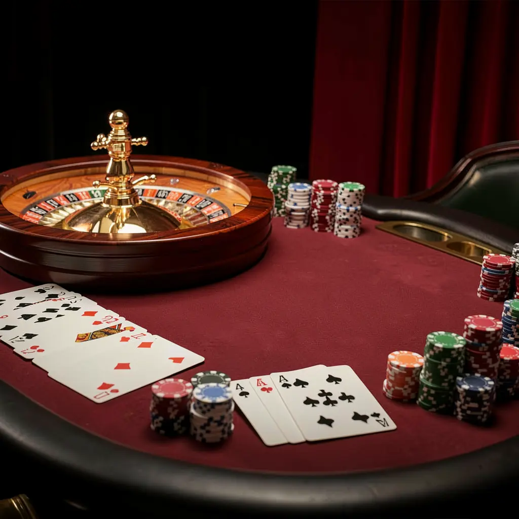 Meja permainan kasino online yang elegan dengan roulette, kartu blackjack, chip poker, dan koin di bawah pencahayaan sinematik mewah pada latar belakang hitam dan merah, menampilkan platform LDN111